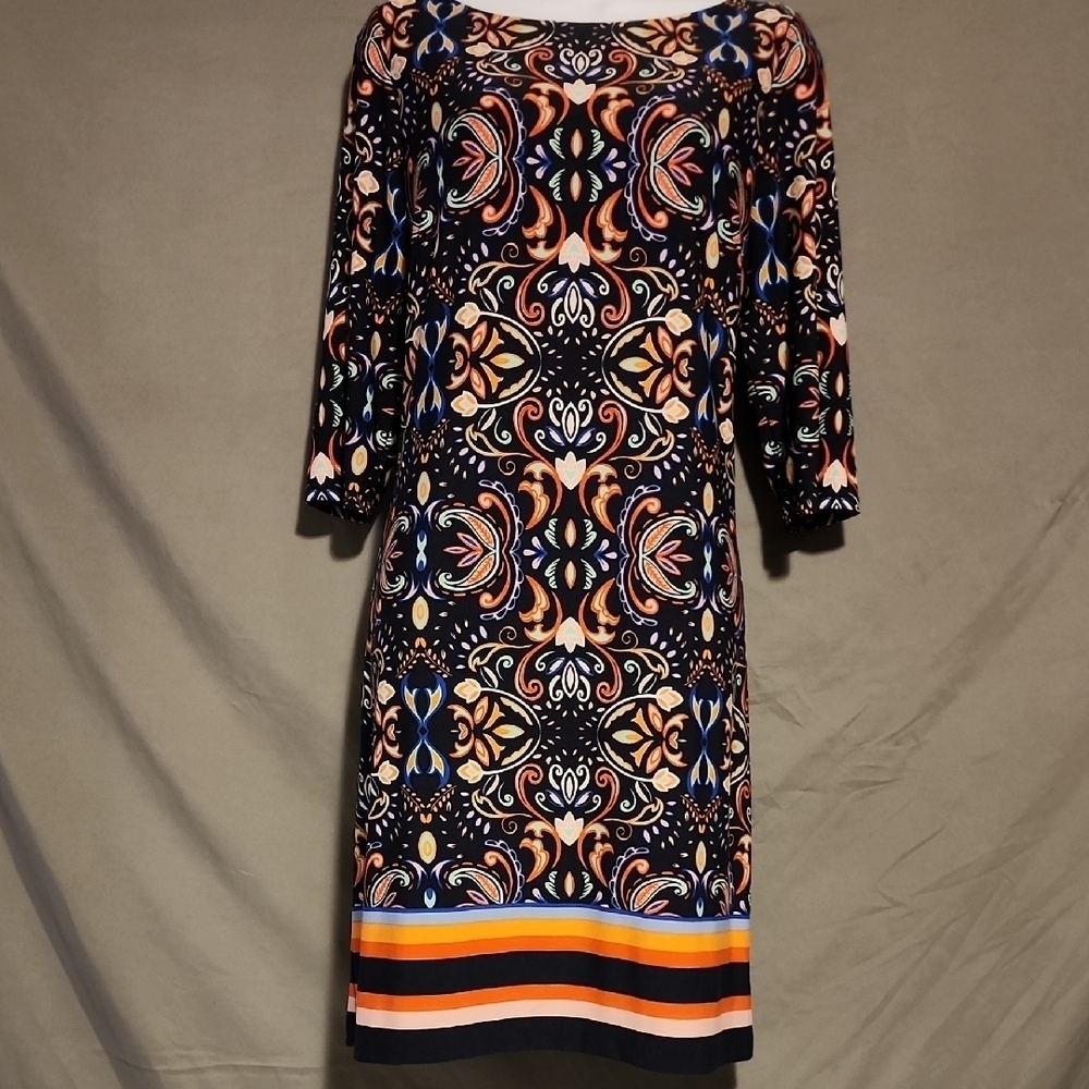 Vince Camuto Orange and Blue Sheath Dress with Bishop Sleeves